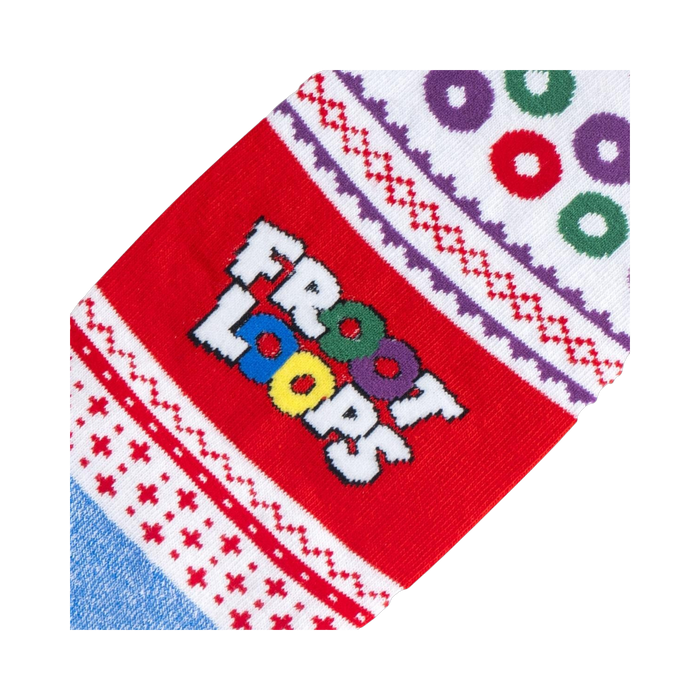 Flat lay showcasing a pair of Froot Loops Ugly Sweater socks against a white background.
