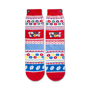 A pair of red socks with a pattern of multicolored fruit loops cereal and the word 