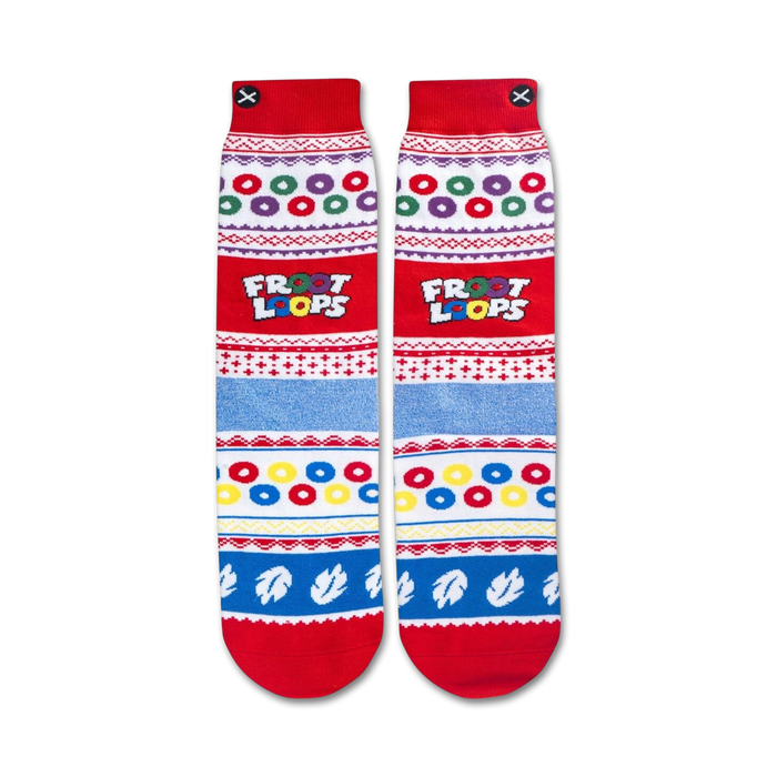 A pair of red socks with a pattern of multicolored fruit loops cereal and the word 