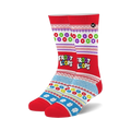 Pair of crew socks in red, blue, and white featuring a Fair Isle-inspired pattern with Froot Loops cereal charms and logo.