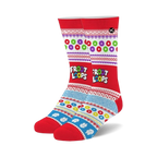 Pair of crew socks in red, blue, and white featuring a Fair Isle-inspired pattern with Froot Loops cereal charms and logo.