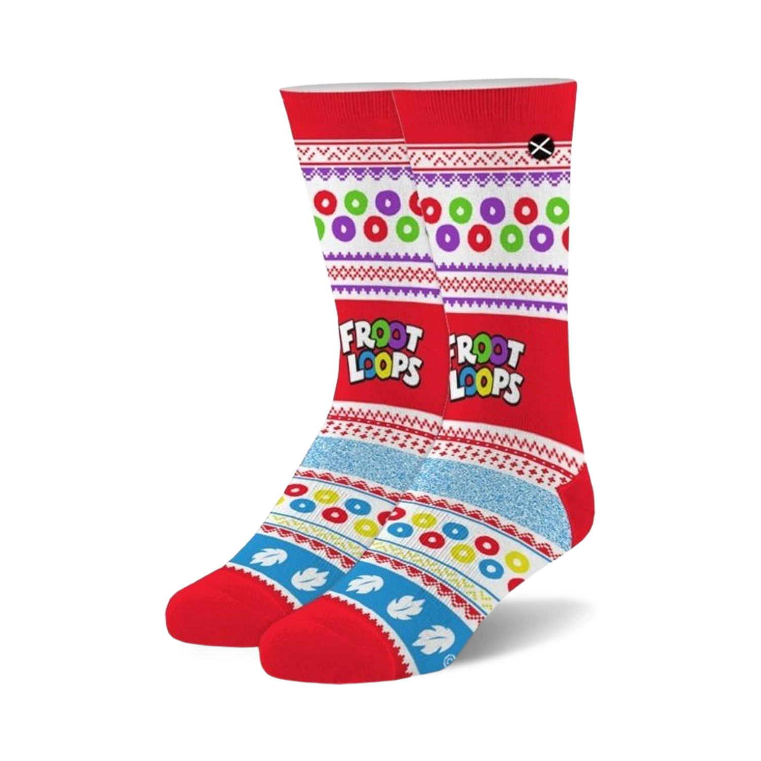 Pair of crew socks in red, blue, and white featuring a Fair Isle-inspired pattern with Froot Loops cereal charms and logo.