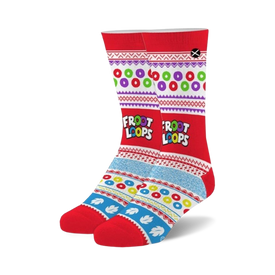 red crew socks for men and women feature a multicolor fruit loop pattern and white cuff with "froot loops" in contrasting color.  
