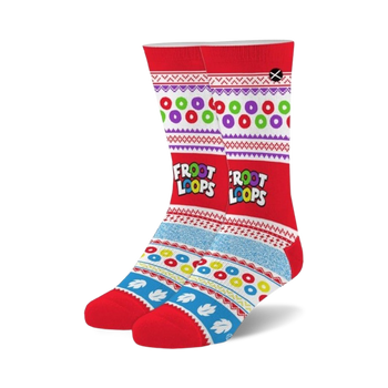 red crew socks for men and women feature a multicolor fruit loop pattern and white cuff with "froot loops" in contrasting color.  