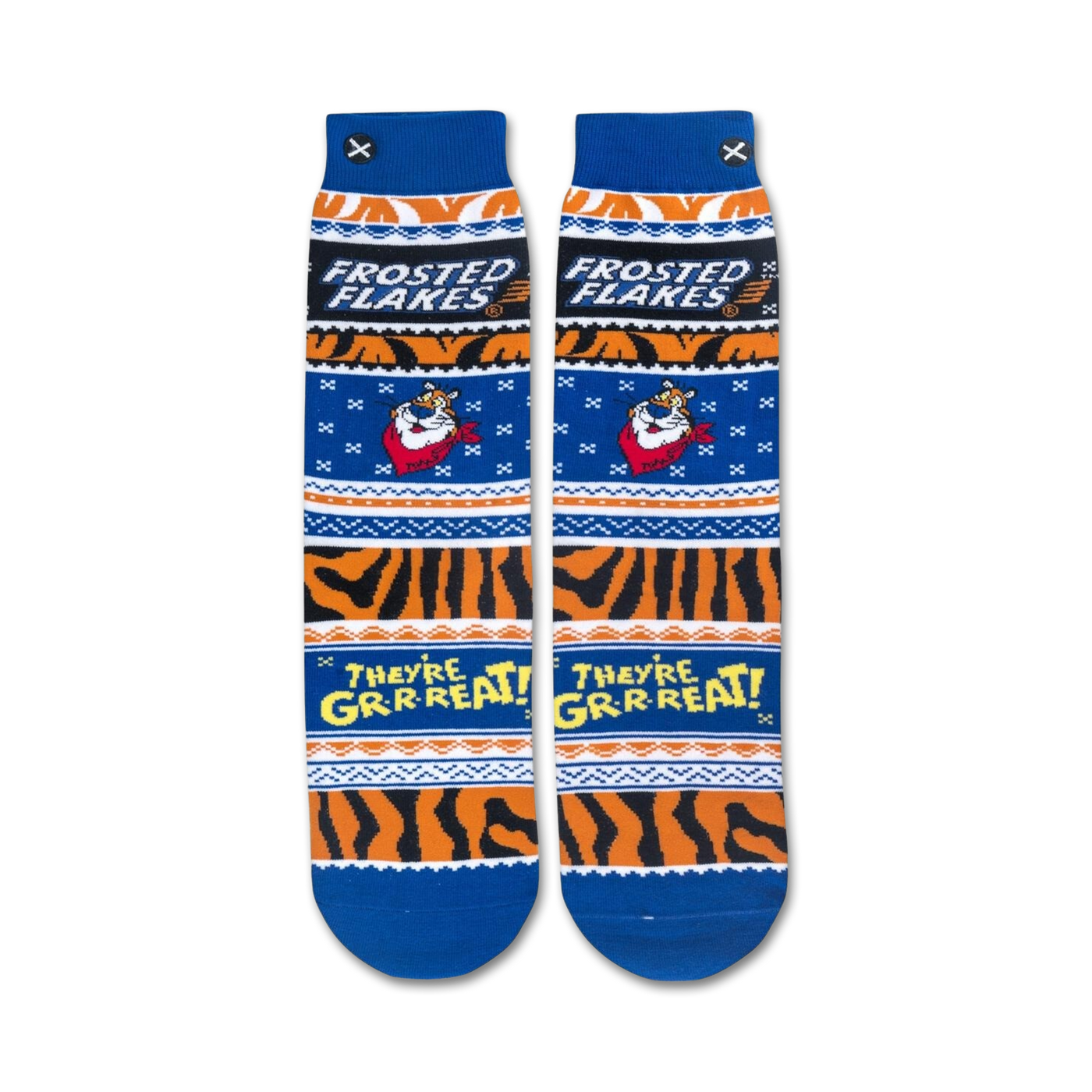 Flat lay product shot of Frosted Flakes crew socks, showing full design detail.