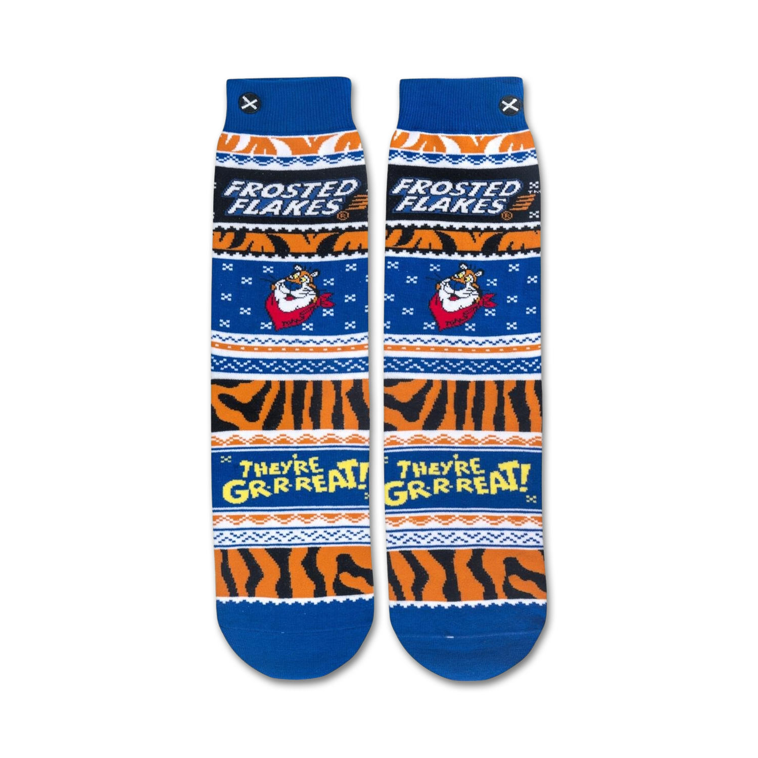 Flat lay product shot of Frosted Flakes crew socks, showing full design detail.