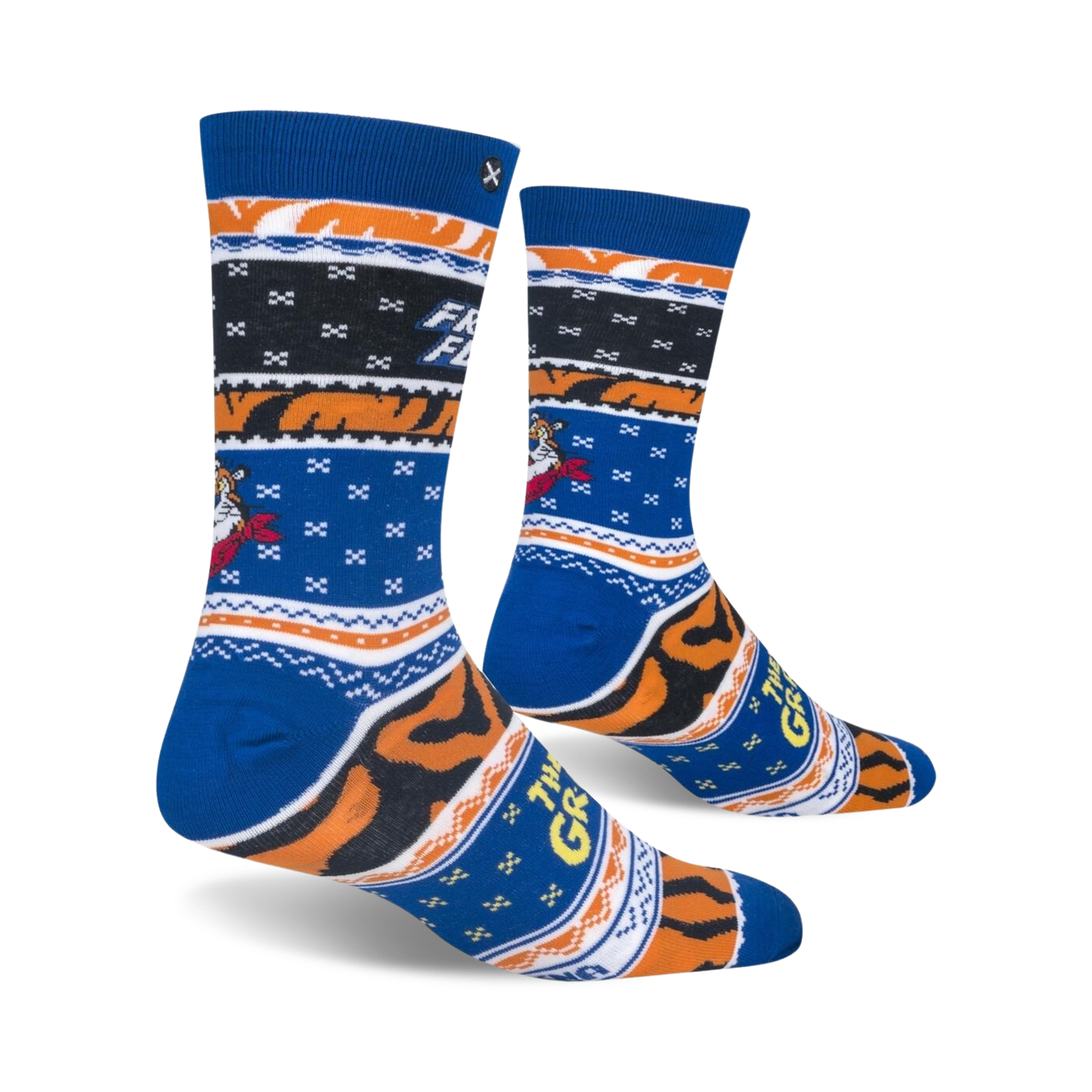 Lifestyle shot of Frosted Flakes socks on a model's feet, highlighting the sock's fit and style.