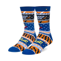 Pair of blue and orange crew socks. Frosted Flakes themed design features Tony the Tiger and 'They're Grrreat!' text.