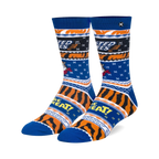 Pair of blue and orange crew socks. Frosted Flakes themed design features Tony the Tiger and 'They're Grrreat!' text.