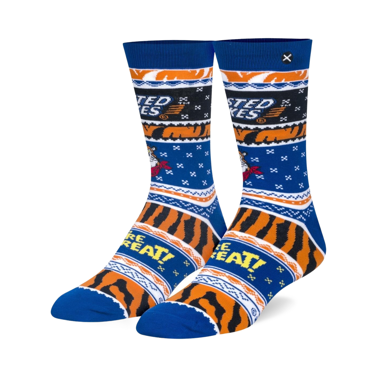 Pair of blue and orange crew socks. Frosted Flakes themed design features Tony the Tiger and 'They're Grrreat!' text.