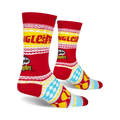 Lifestyle shot of Pringles Ugly Sweater socks, showcasing the full design on a person's feet.