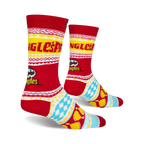 Lifestyle shot of Pringles Ugly Sweater socks, showcasing the full design on a person's feet.