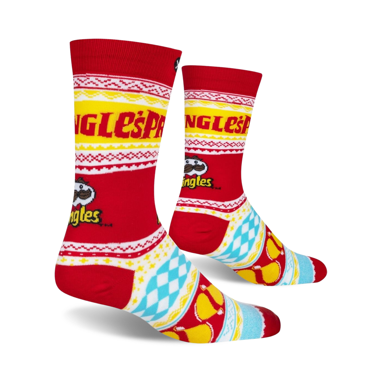 Lifestyle shot of Pringles Ugly Sweater socks, showcasing the full design on a person's feet.