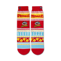 Flat lay product shot of Pringles Ugly Sweater socks, showing the detail and colors of the design.
