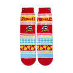 Flat lay product shot of Pringles Ugly Sweater socks, showing the detail and colors of the design.