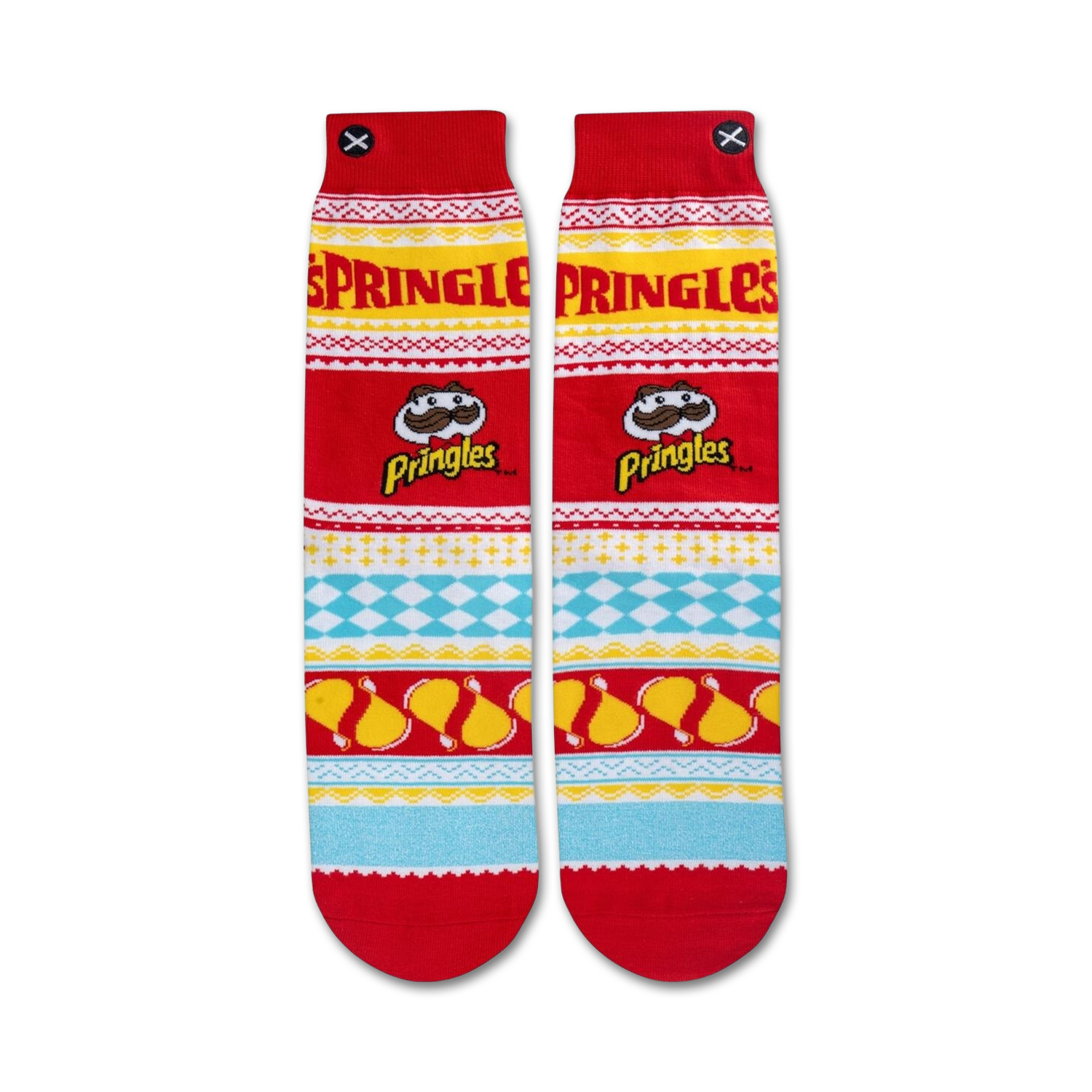 Flat lay product shot of Pringles Ugly Sweater socks, showing the detail and colors of the design.
