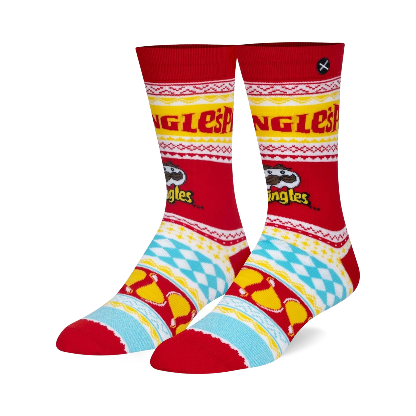 Pair of crew socks in red, yellow, and light blue.  Features a Pringles-themed ugly sweater design with the Pringles logo and mascot.