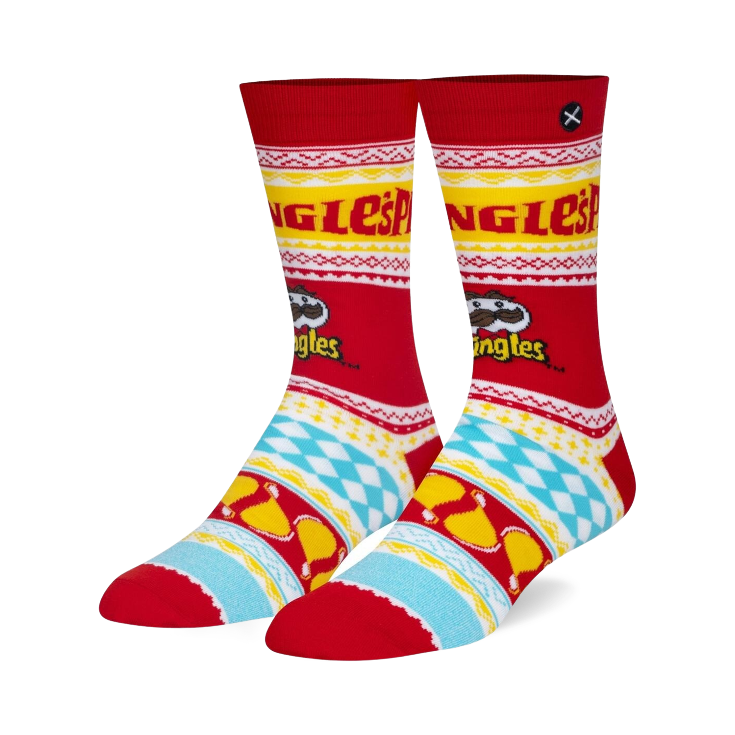 Pair of crew socks in red, yellow, and light blue.  Features a Pringles-themed ugly sweater design with the Pringles logo and mascot.