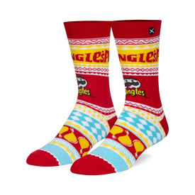 red & white christmas crew socks feature pringles mascots wearing santa hats.   