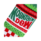 Close-up detail shot of the Mountain Dew Ugly Sweater socks, highlighting the knitted texture and Mountain Dew logo.