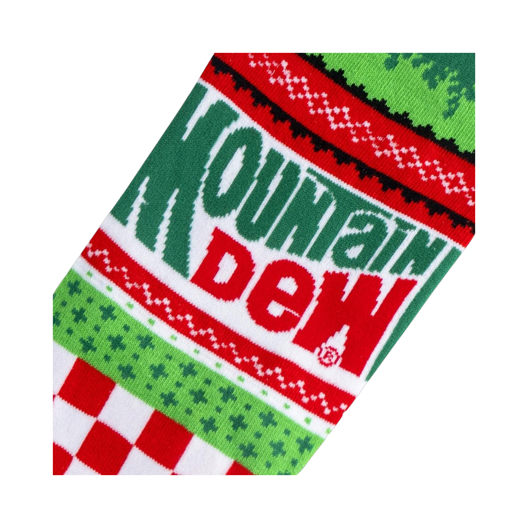 Close-up detail shot of the Mountain Dew Ugly Sweater socks, highlighting the knitted texture and Mountain Dew logo.