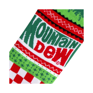 Close-up detail shot of the Mountain Dew Ugly Sweater socks, highlighting the knitted texture and Mountain Dew logo.