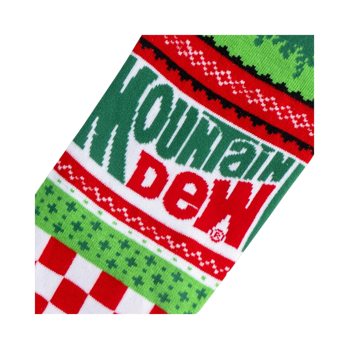 Close-up detail shot of the Mountain Dew Ugly Sweater socks, highlighting the knitted texture and Mountain Dew logo.