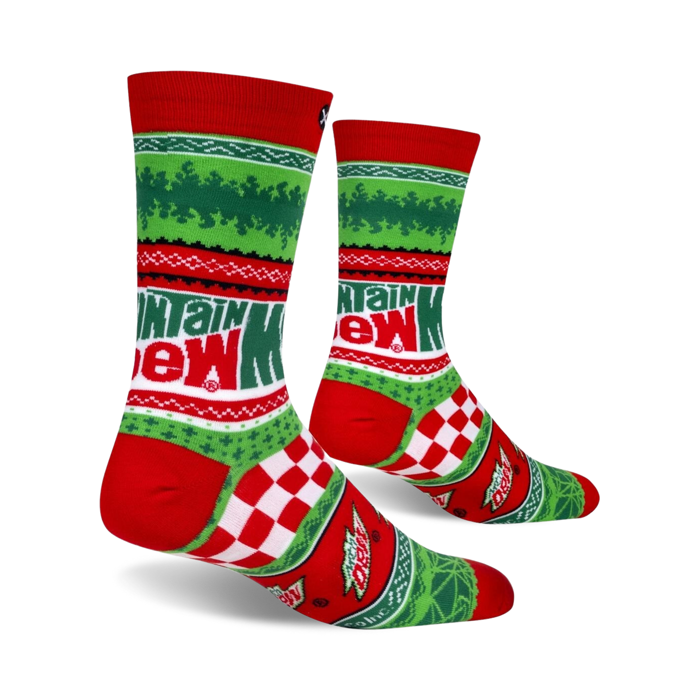 Lifestyle shot of a pair of Mountain Dew Ugly Sweater socks, showing how they look when worn.