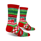 Lifestyle shot of a pair of Mountain Dew Ugly Sweater socks, showing how they look when worn.