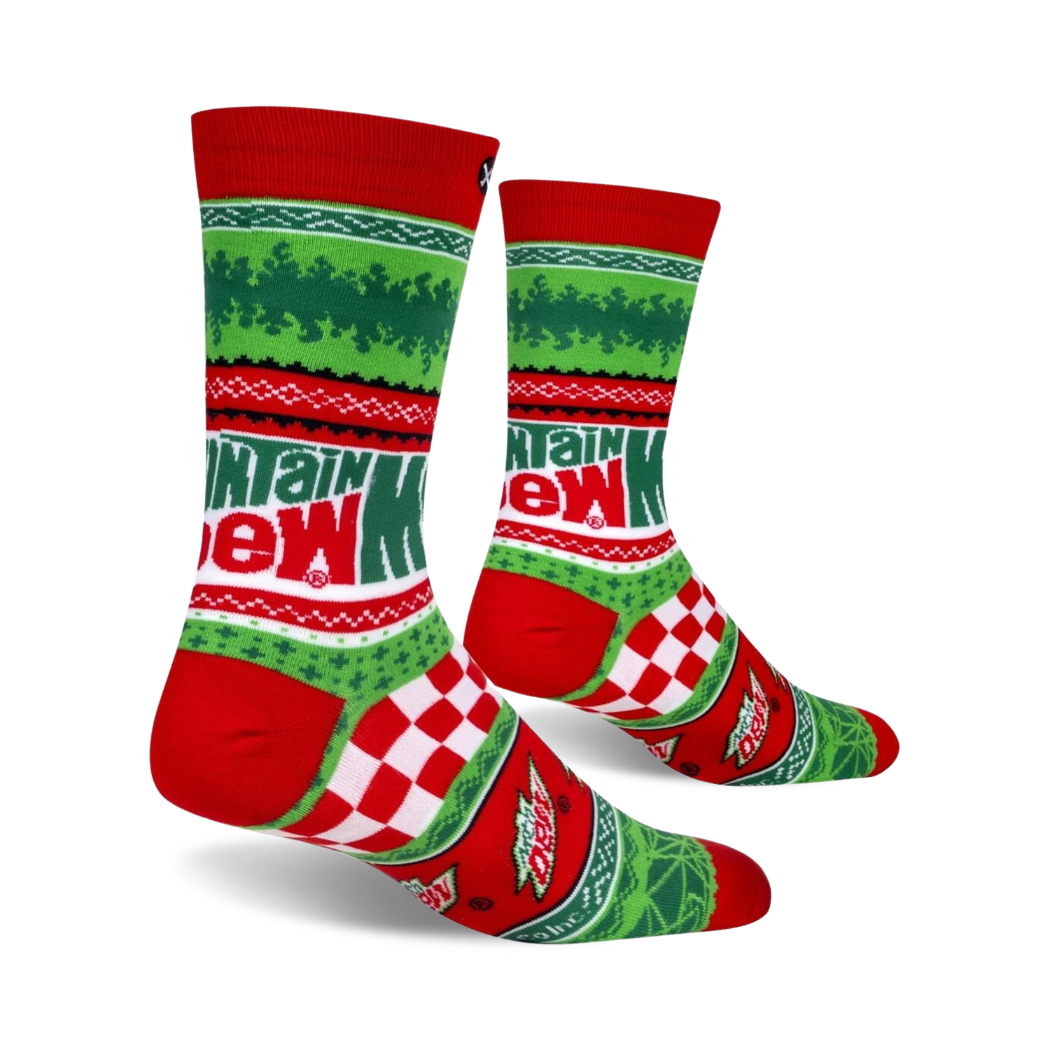 Lifestyle shot of a pair of Mountain Dew Ugly Sweater socks, showing how they look when worn.