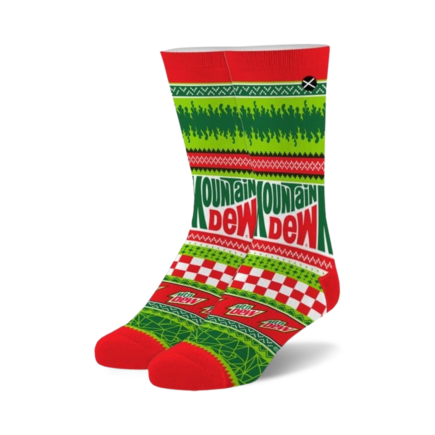 Crew socks in red, green, and white featuring a Mountain Dew Ugly Sweater design.  The socks showcase a checkerboard pattern, festive imagery, and the Mountain Dew logo.