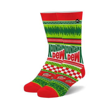 red and green mountain dew ugly sweater crew socks for men and women featuring snowflakes and mountain dew logos.  