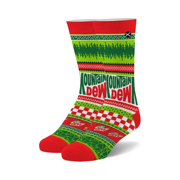 red and green mountain dew ugly sweater crew socks for men and women featuring snowflakes and mountain dew logos.  