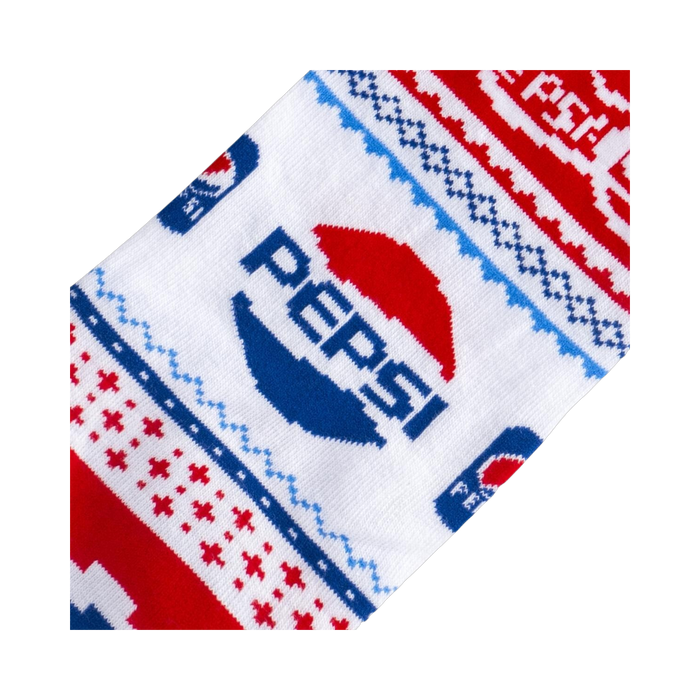 Close-up of the Pepsi Ugly Sweater sock's design, showcasing the detailed Pepsi logos and Fair Isle pattern.