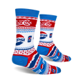 Another view of the Pepsi Ugly Sweater socks, showing the full sock and the bright blue cuff.