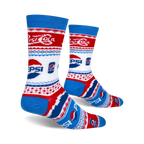 Another view of the Pepsi Ugly Sweater socks, showing the full sock and the bright blue cuff.