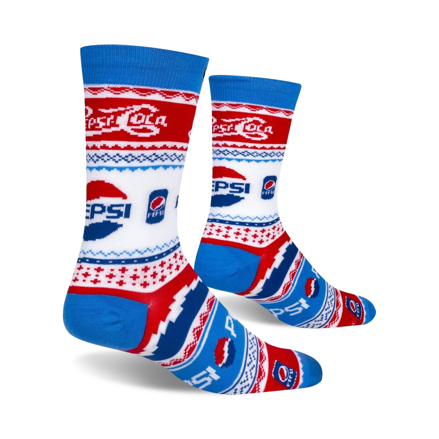 Another view of the Pepsi Ugly Sweater socks, showing the full sock and the bright blue cuff.