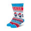 Crew socks in red, white, and blue featuring a Pepsi Ugly Sweater design. The socks have a fair isle pattern and prominent Pepsi logos.