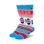 Crew socks in red, white, and blue featuring a Pepsi Ugly Sweater design. The socks have a fair isle pattern and prominent Pepsi logos.