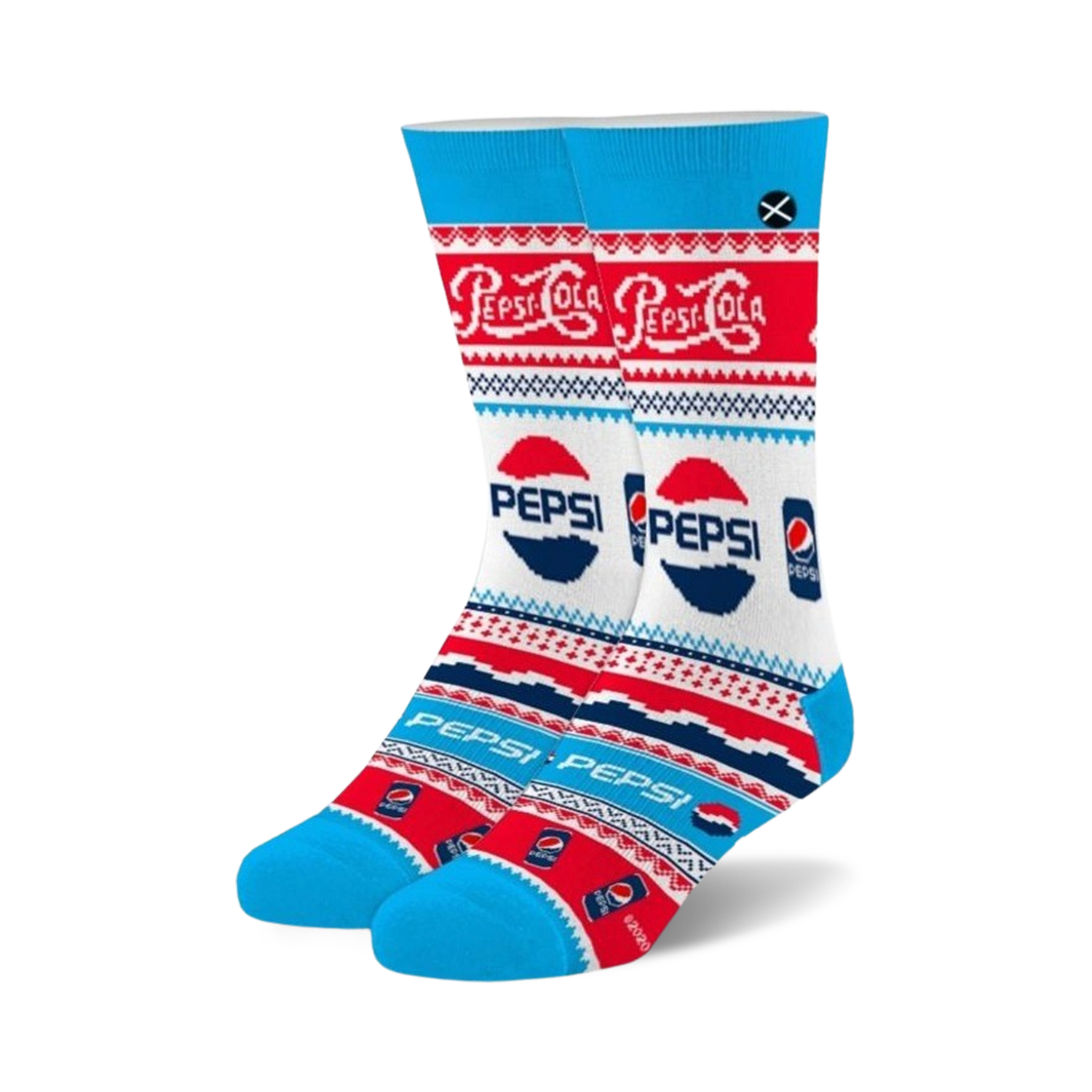 Crew socks in red, white, and blue featuring a Pepsi Ugly Sweater design. The socks have a fair isle pattern and prominent Pepsi logos.