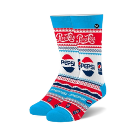 unisex blue pepsi ugly sweater crew sock with red/white snowflake, logo pattern   