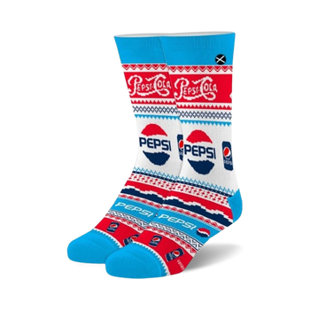 unisex blue pepsi ugly sweater crew sock with red/white snowflake, logo pattern   