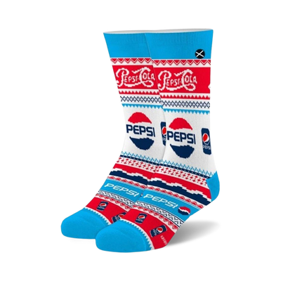 unisex blue pepsi ugly sweater crew sock with red/white snowflake, logo pattern   