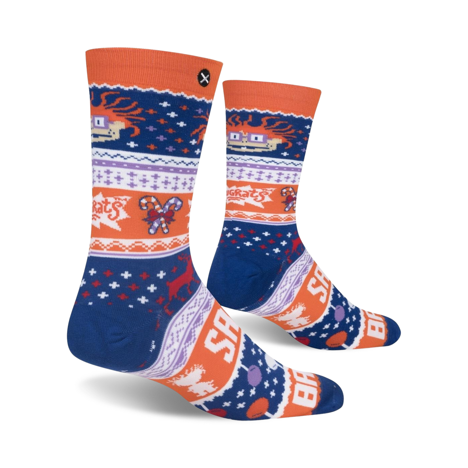 Lifestyle shot showing the Chuckie Ugly Sweater socks on a person's feet, showcasing how they look worn.
