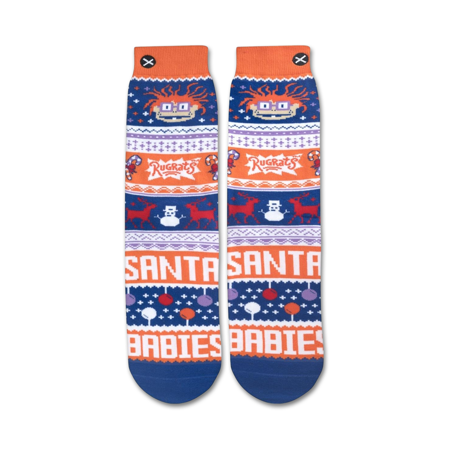 Flat lay product shot of the Chuckie Ugly Sweater socks, showcasing the full design from top to toe.