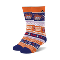 Pair of crew socks in orange, blue, and purple. Features a festive design with Chuckie Finster from Rugrats, candy canes, snowmen, and reindeer.