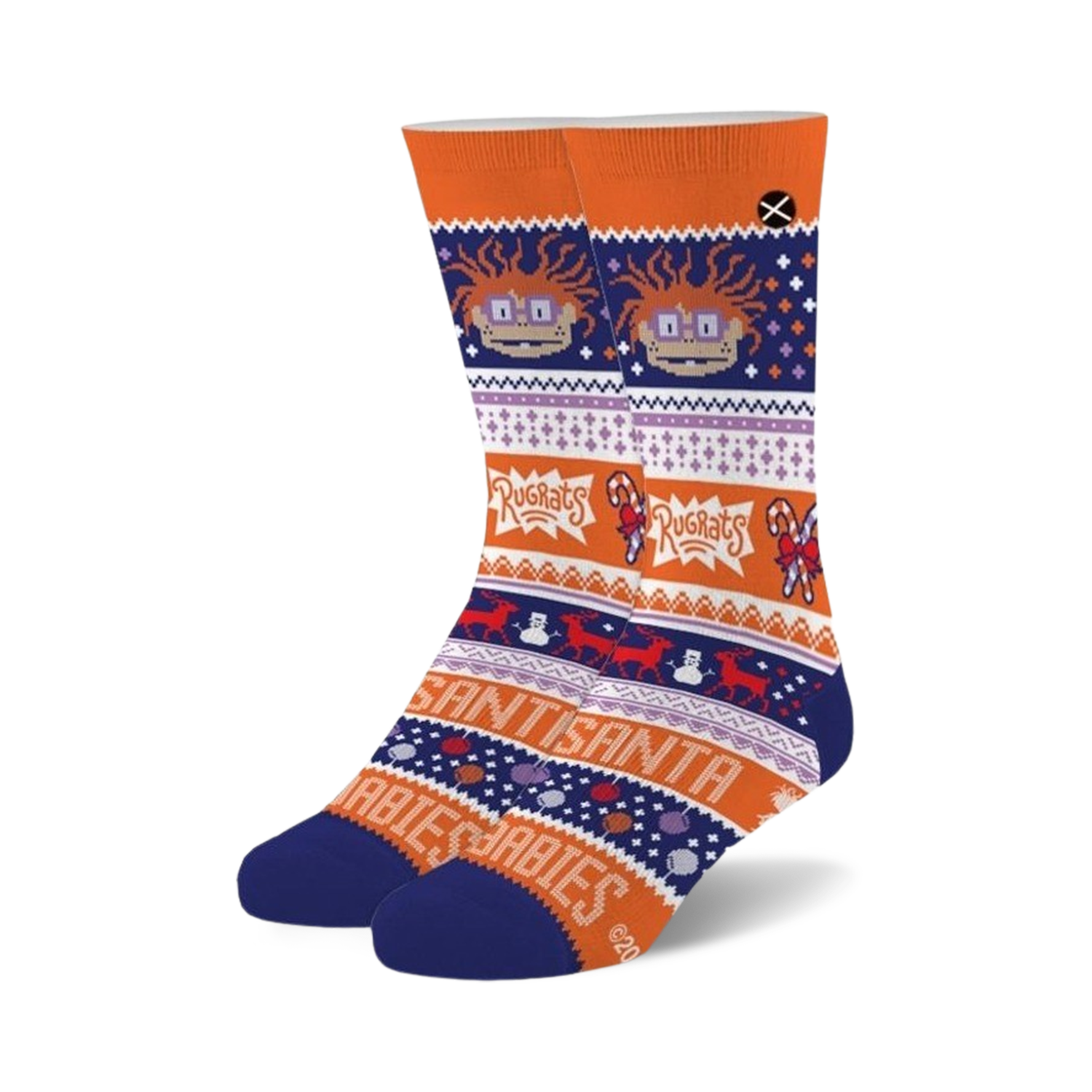 Pair of crew socks in orange, blue, and purple. Features a festive design with Chuckie Finster from Rugrats, candy canes, snowmen, and reindeer.
