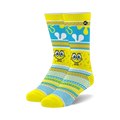 Pair of SpongeBob Squarepants crew socks. Yellow, blue, and gold design with SpongeBob's face and a fair isle pattern.