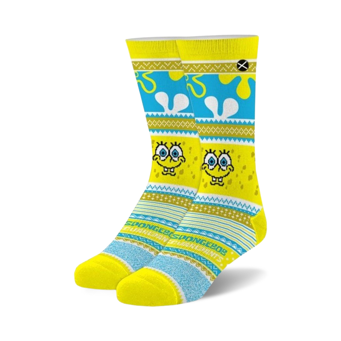 Pair of SpongeBob Squarepants crew socks. Yellow, blue, and gold design with SpongeBob's face and a fair isle pattern.