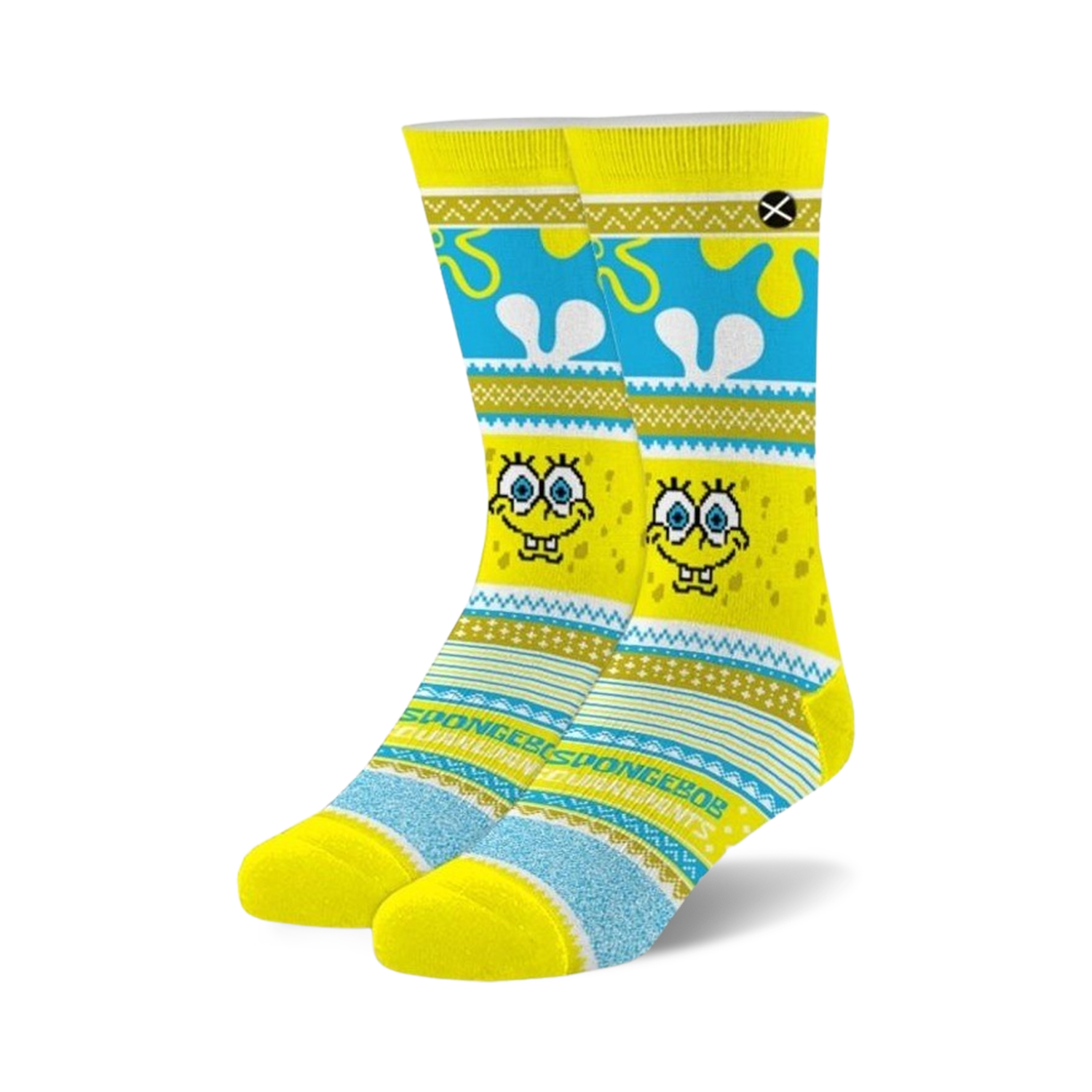 Pair of SpongeBob Squarepants crew socks. Yellow, blue, and gold design with SpongeBob's face and a fair isle pattern.